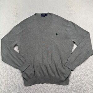 Polo Ralph Lauren Sweater Mens Large V Neck Knit Pullover Pima Cotton Gray Light